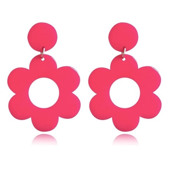 Hot Pink Hippie Flower 60s 70s Double Drop Earrings - Picture 5 of 7